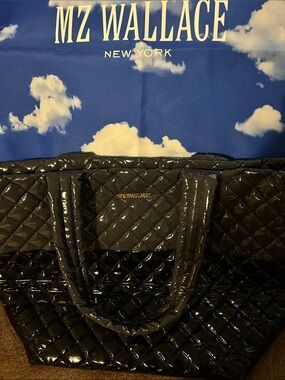 MZ Wallace Black Quilted Nylon Tote with Glossy Finish